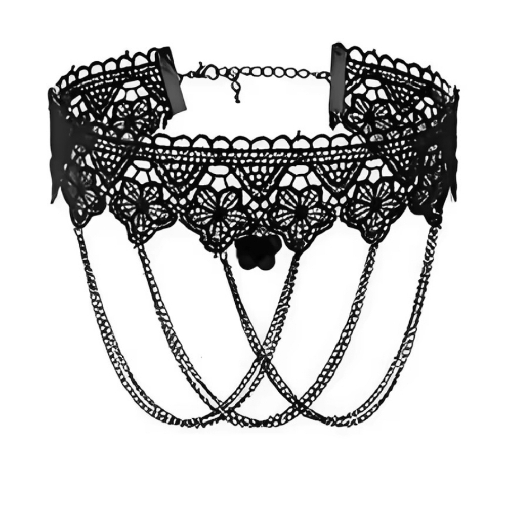🖤 Elegant Chain Dangle Black Lace Choker Necklace New - Picture 2 of 2